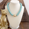 Wood Saucer Beads Short Statement Necklace Gold center Hot Pink Beige Turquoise