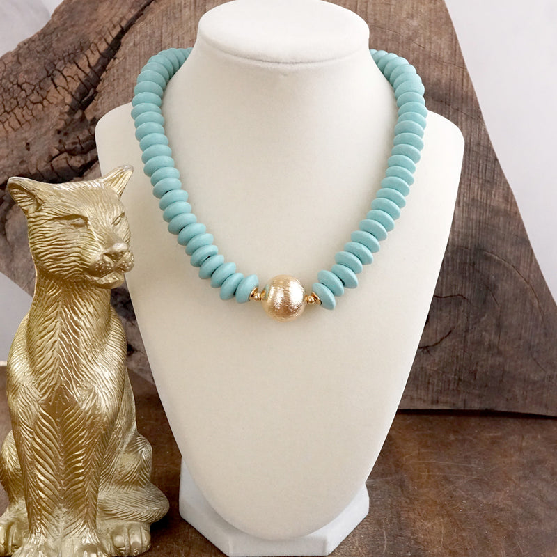 Wood Saucer Beads Short Statement Necklace Gold center Hot Pink Beige Turquoise