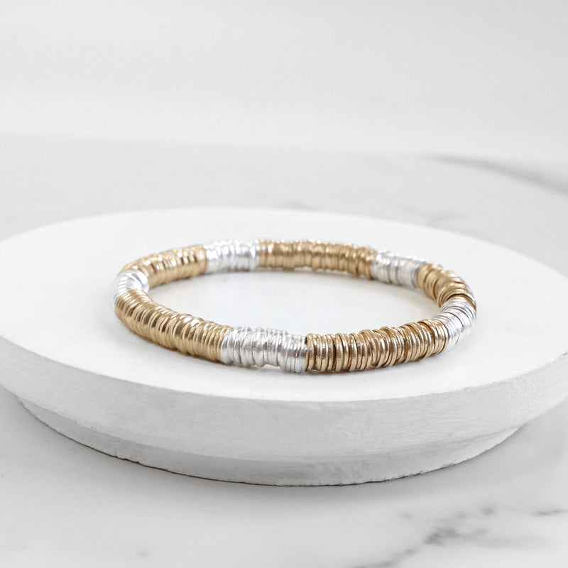 Heishi Disc Boho beaded stretchy bracelet Silver Gold Shell