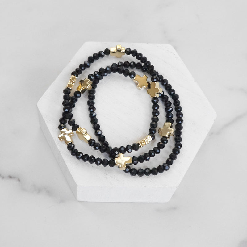 Mini Sideways Cross Bracelet stack Glass and gold metal beads