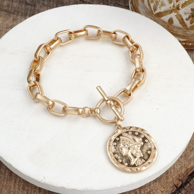 Urban Token – Cable Chain Toggle Bracelet with Coin Charm