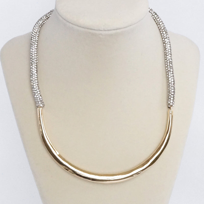 Crescent bar and Paved rope Statement Necklace Gold tone and clear crystals