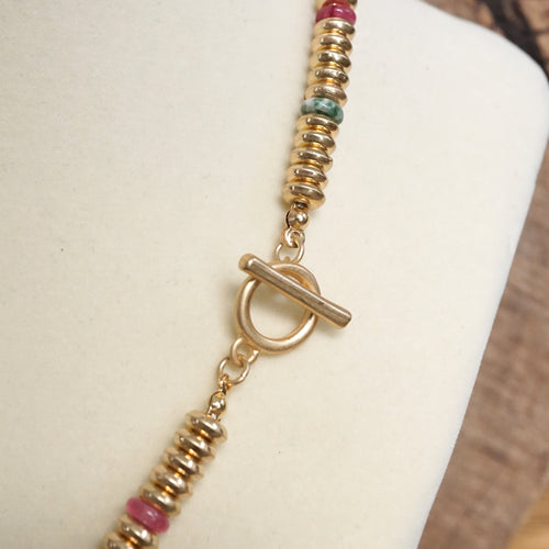 Beaded Toggle Necklace – Colorful Natural Stone & Gold-Tone Rondelle Beads