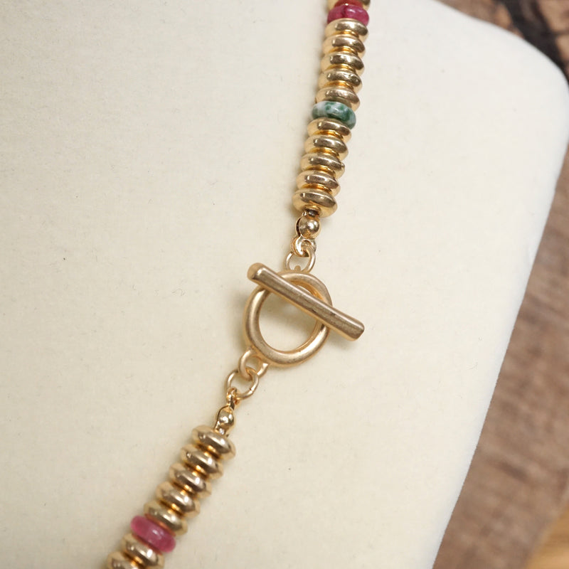 Beaded Toggle Necklace – Colorful Natural Stone & Gold-Tone Rondelle Beads