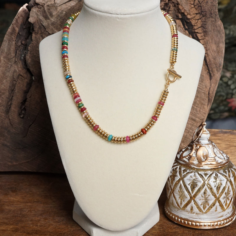 Beaded Toggle Necklace – Colorful Natural Stone & Gold-Tone Rondelle Beads
