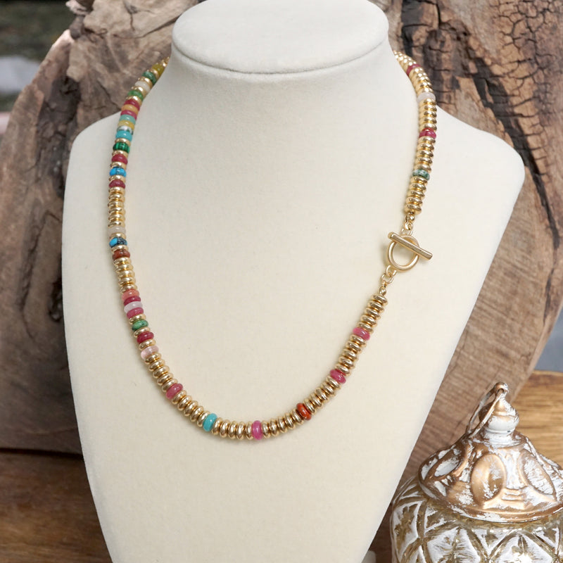 Beaded Toggle Necklace – Colorful Natural Stone & Gold-Tone Rondelle Beads