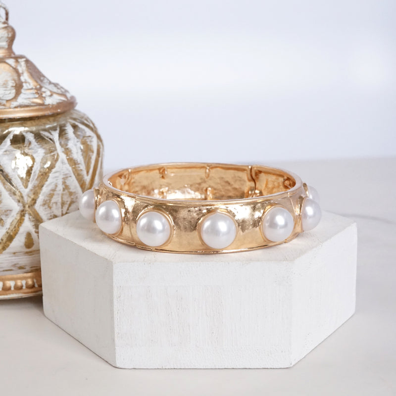 Eternity Statement Bangle Gold Silver Tone Pearls Crystals