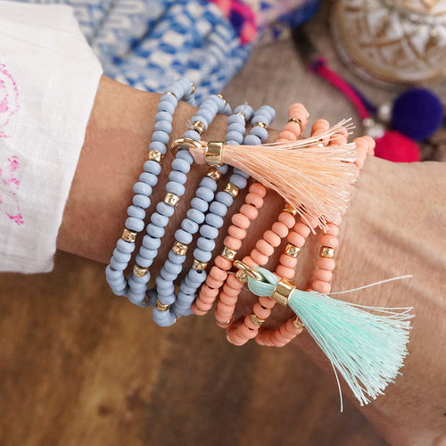 Boho Brights – Set of 4 Stretchy Wooden Bead Bracelets with Tassel