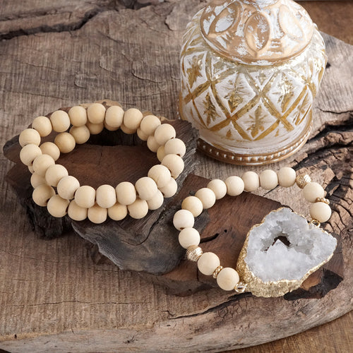Wooden Beads, Sliced Stone Bracelet Set