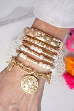 Pearls & Antique Gold Tube Beaded Bracelet Set – Effortless Elegance