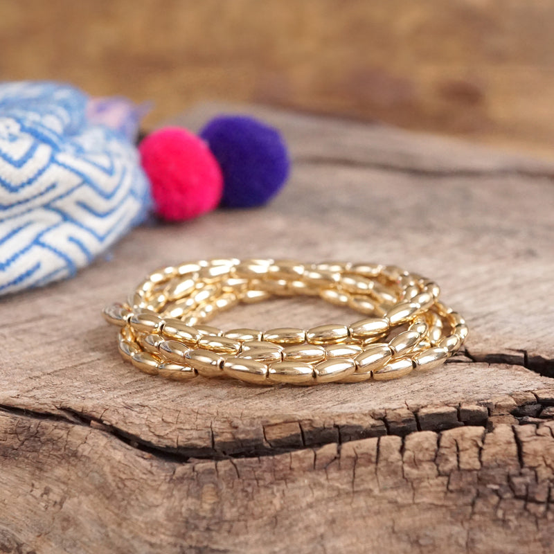 Metal Beaded bracelet stack 5 bracelets - Gold Silver tone