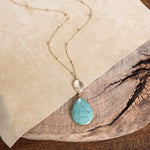 Boho Minimal Long Necklace with Teardrop Natural Stone Pendant – Turquoise and Worn Gold Tone