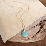 Boho Minimal Long Necklace with Teardrop Natural Stone Pendant – Turquoise and Worn Gold Tone