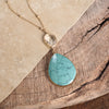 Boho Minimal Long Necklace with Teardrop Natural Stone Pendant – Turquoise and Worn Gold Tone