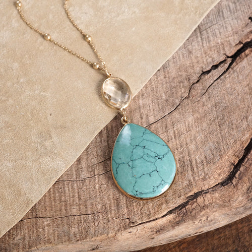 Boho Minimal Long Necklace with Teardrop Natural Stone Pendant – Turquoise and Worn Gold Tone