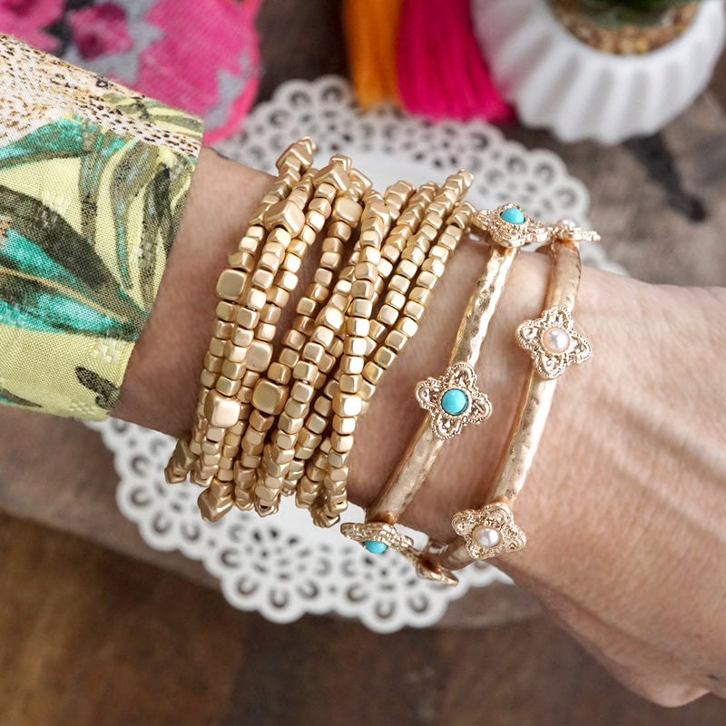 Sun-Kissed Shine – Medallion Stretchy Bangle with Pearl or Turquoise