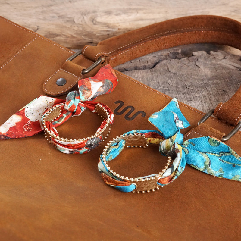 Scarf Open Cuff Bracelet – Gold Tone with Fabric Weave, Orange or Turquoise