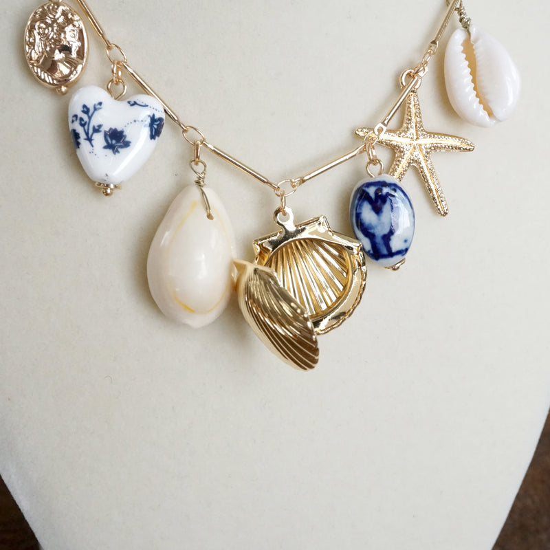 Multi-Charm Chinoiserie & Shell Locket Necklace – Blue & Gold