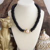 Wood Saucer Beads Short Statement Necklace Gold center Hot Pink Beige Turquoise