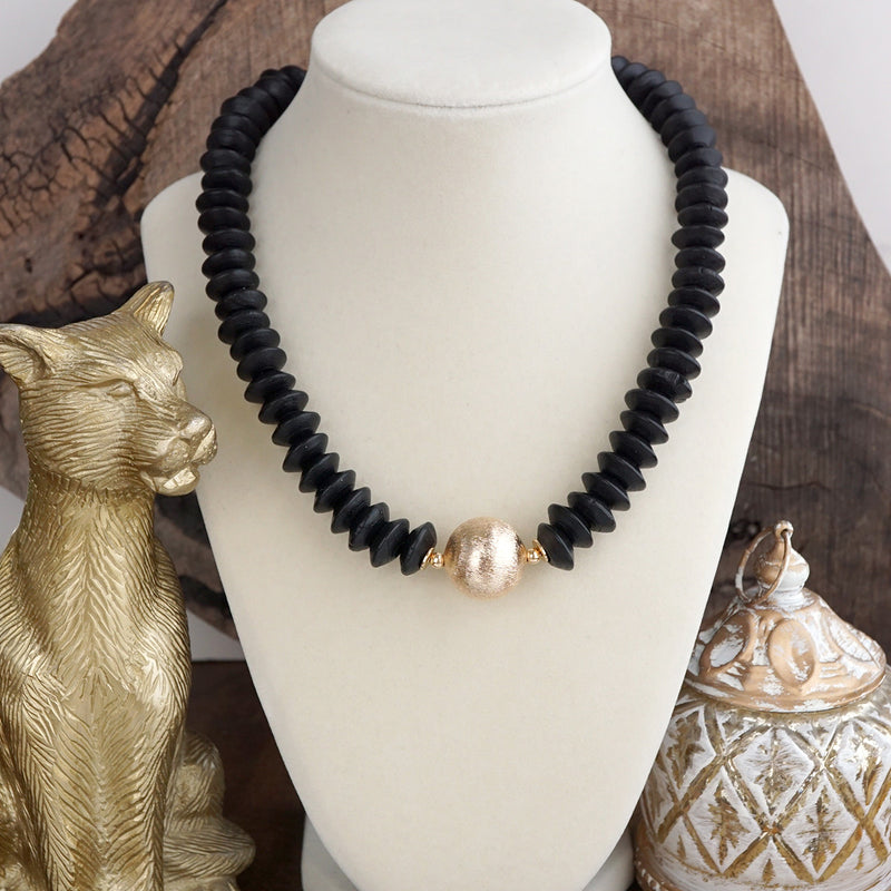 Wood Saucer Beads Short Statement Necklace Gold center Hot Pink Beige Turquoise