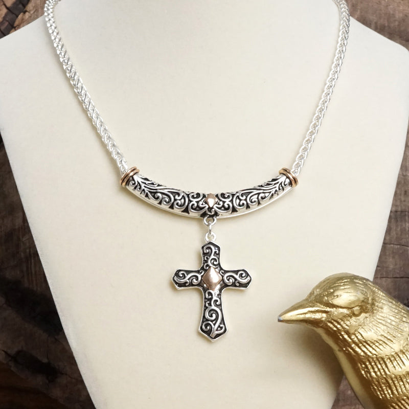 Sacred Drift – Filigree Cross Necklace with Whisper of Gold