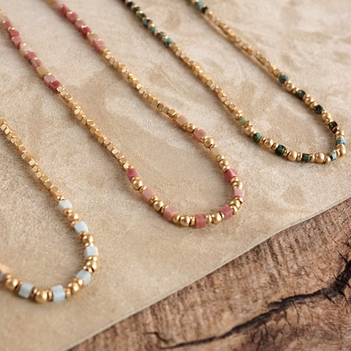 Dainty Classic Beaded Necklace – Matte Gold and Semi-Precious Stones