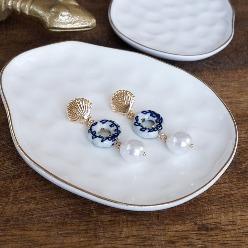 Nautical Chinoiserie & Pearl Drop Earrings – Gold Tone