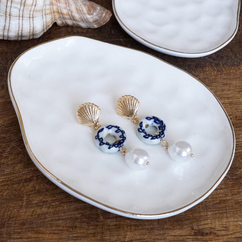 Nautical Chinoiserie & Pearl Drop Earrings – Gold Tone