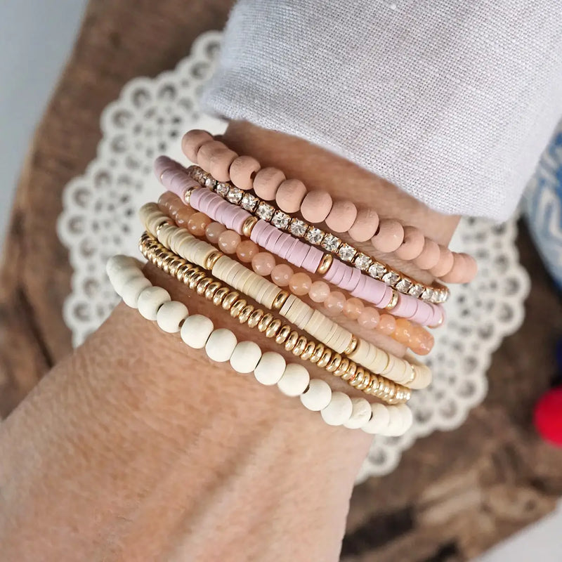 Beaded Bracelets stack of 7 in Pink and Neutral tones