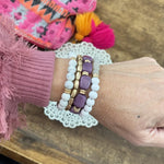 Bracelet Stack of 4 pieces purple and neutrals glass wood and acrylic beads