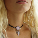 Leather Choker Dream Catcher Silver Black