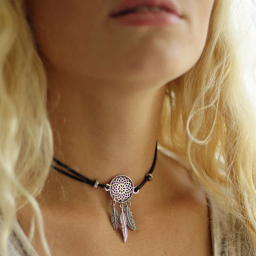 Leather Choker Dream Catcher Silver Black