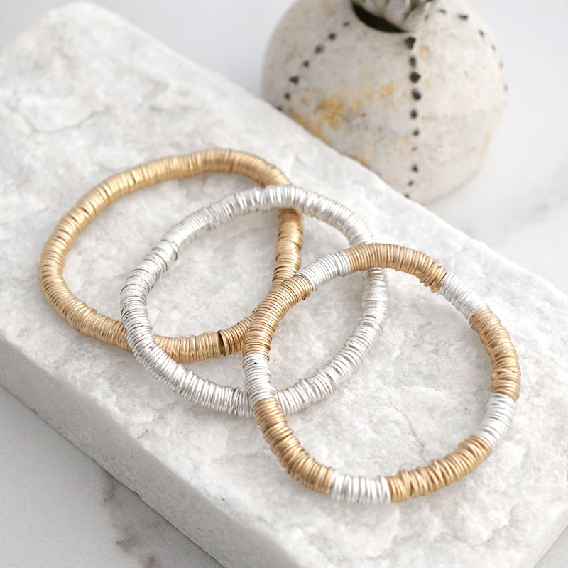 Heishi Disc Boho beaded stretchy bracelet Silver Gold Shell